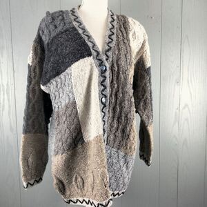 Vintage 90s‎ Patchwork Cardigan Sweater L Artsy Wool Angora Blend Chunky Knit